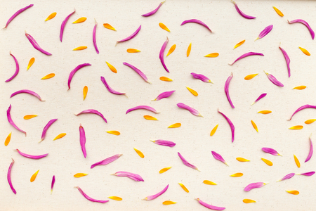 petals flowers on cotton canvas background. Top view, flat lay patternの写真素材