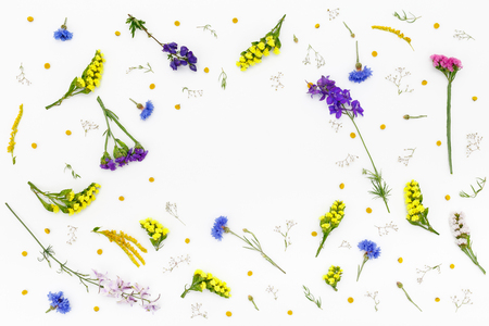 Frame with flowers on white background. Top view, flat lay patternの写真素材