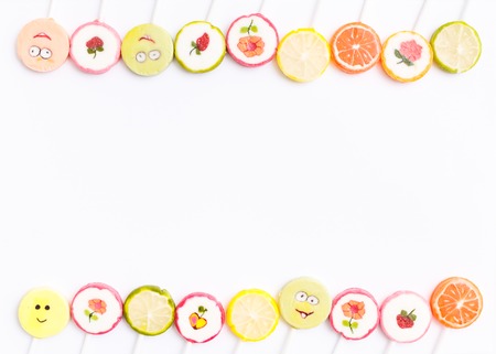 Lollipops sweets. Candy, top view flat lay on white background. Sweet sucker, lollipop, candy,...