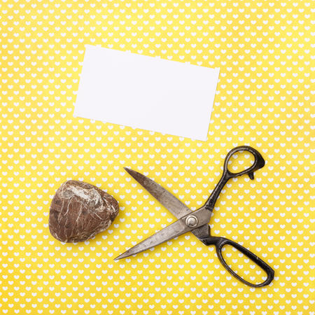 Rock, paper, scissors is the best choice way to decision making. Top above view flat lay, concept pattern falling on white background.の写真素材