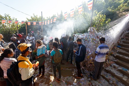 Sri Lanka, Southern Asia - February 14, 2015: Pilgrims climb the trail to the holy mountain Adams Peak ( also Sri Pada ) is the most popular pilgrim place in Sri Lankaのeditorial素材