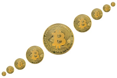 Concept image with physical coin of bitcoin crypto currency indicating of price growth (bull market). Isolated white backgroundの写真素材