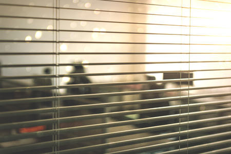 White blinds in front of open space office and workplaceの写真素材