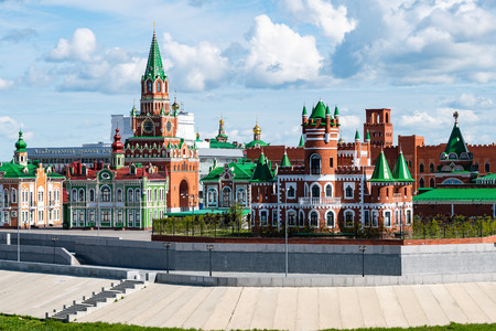 Facades of buildings with a medieval decoration in the Flemish style. Downtown of Yoshkar-Ola city, Russia.のeditorial素材