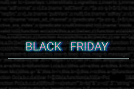 Black friday digital concept. Digital sales in store market. Title black friday with glitch effect. Blurred green programming code background.の写真素材