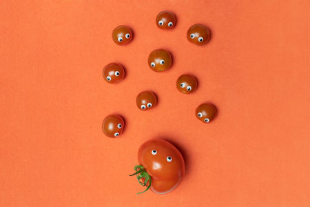 Cherry tomatoes concept with copy space. Big hothouse tomato with eyes and little fresh cherry...