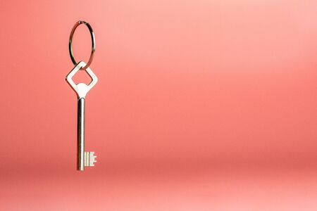 Key on keyring, copy space. Anti thief concept of security and privacy data, car house.の写真素材