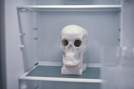Empty refrigerator concept. Human skull on empty refrigerator shelves. Weight loss diet concept.