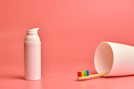 Eco toothbrush and face cream. Personal care tool for protect oral cavity and face care.の写真素材