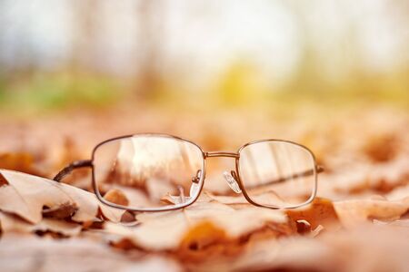 Glasses on autumn foliage. Autumn vision loss concept. Vitamin deficiency with age.の写真素材