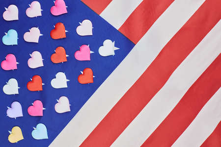 National USA american flag with hearts on stars, copy space. Love for your nation and country....
