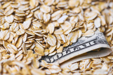 Dollar money in oat flakes. Oat export prices, economic concept. Decrease or increase in price of...