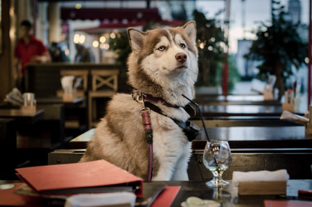 Funny husky dog siting at table in cafe. Siberian husky dog waiting for waiter in street cafe. Long wait at restaurantの写真素材