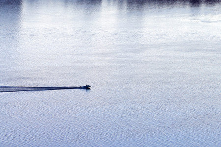 Little boat sailing on river. Fishing powerboat near city bay. Beautiful evening water surface. Minimal waterscape.の写真素材