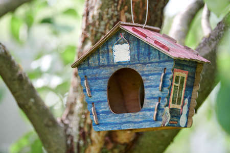 Birdhouse on tree. Branch of apple tree with bird house. Cute blue nest box in public park for bird...