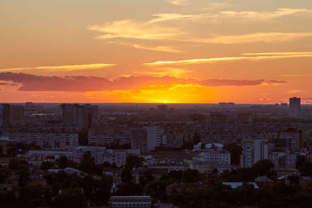 Nizhny Novgorod, Russia - 08.21.2020 - Nizhny Novgorod cityscape sunset. Beautiful scenic evening time over city skyline. Colorful sundown. Clear calm weather at duskのeditorial素材