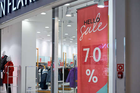 Russia, Kaliningrad - 02.15.2021 - New Year's sale time at Europe shopping center. Christmas...