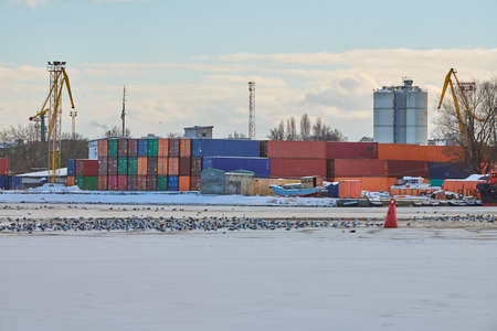 Massive harbor cranes in seaport. Heavy load dockside cranes in port, cargo container yard,...