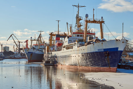 Moored cargo ships and harbor cranes in port. Seaport, cargo container yard, container ship...
