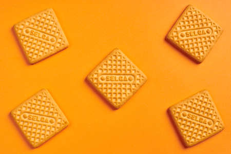 KALININGRAD, RUSSIA - 03.27.2021 - Selga biscuits. Delicious Latvian snack, SELGA square cookies on...