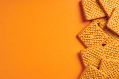 KALININGRAD, RUSSIA - 03.27.2021 - Selga biscuits. Delicious Latvian snack, SELGA square cookies on...