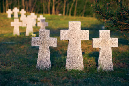Granite stone crosses in German military cemetery in Europe. Memorial for dead soldiers of World War II in Baltiysk, Kaliningrad oblast, Russiaの写真素材