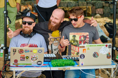 Svetlogorsk, Russia - 08.14.2021 - Disc jockeys playing music, remixing on drum machine midi...