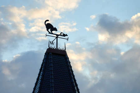 Weather vane on house roof in shape of cat catching mouse, blue sky background, copy space. Funny iron weathercock silhouette. Weathervane with cardinal directionsの写真素材