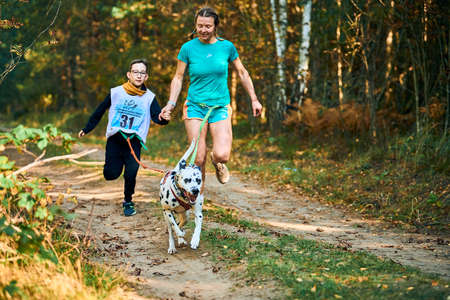 Svetly, Kaliningrad oblast, Russia - October 2, 2021 - Canicross exercises, mother and her son running holding hands attached to Dalmatian dog, canicross race, jogging, family outdoor activityのeditorial素材