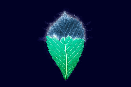 One freezing elm tree green leaf on dark blue background, blue ice covered effect on leaf. Natural frozen single leaf with ice crust drizzle, sudden overnight frosts conceptの写真素材