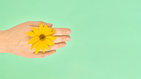 Yellow flower wedding ring jewelry on woman hand, flower head on female hand isolated on green background, right copy space. Delicate salon manicure, female skin rejuvenation, virgin girl conceptの写真素材