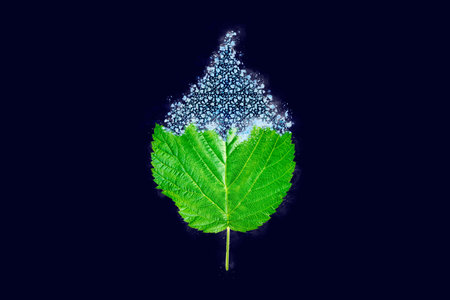 One freezing raspberry tree green leaf on dark blue background, blue ice covered effect on leaf. Natural frozen single blackberry leaf with ice crust drizzle, sudden overnight frosts conceptの写真素材