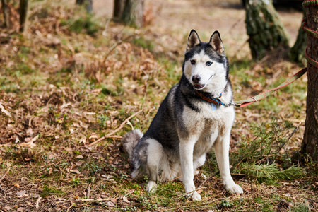 Siberian Husky dog sitting on forest grass, full size Husky dog portrait with blue eyes and gray...