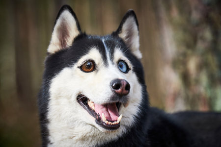 Siberian Husky dog with huge eyes, funny surprised Husky dog with confused big eyes, cute excited doggy emotions. Crazy shocked look of black white siberian husky dog, thoughtful and pitifulの写真素材