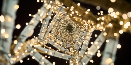 Yellow Christmas garlands on decorative tower bottom view, street city decor with xmas yellow bulbsの写真素材