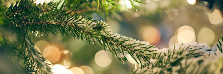 Christmas tree covered snow with yellow garlands lights and bokeh copy space with sparkled bokeh