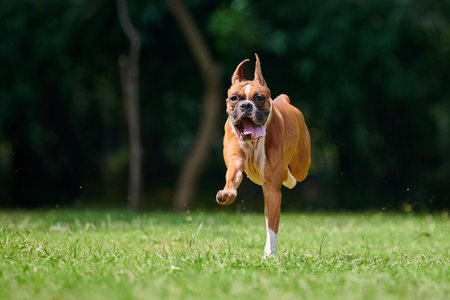 Boxer dog running and jumping on green grass summer lawn outdoor park walking with adult petの写真素材