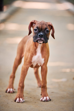 Boxer dog puppy full height portrait at outdoor park walking, footpath backgroundの写真素材
