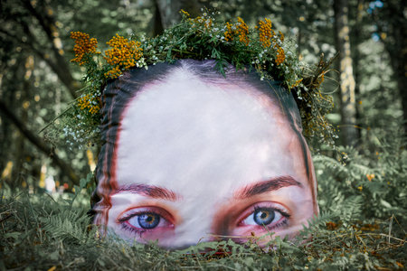 Art object of soft pillow with young girl half face image with wreath of yellow flowers on head