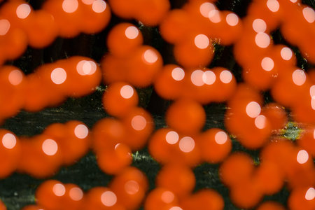 Blurred defocused orange balls suspended on wire, outdoor art object symbolizing of blood cells