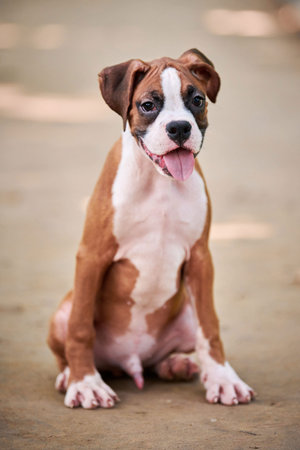 Boxer dog puppy full height portrait at outdoor park walking, footpath backgroundの写真素材