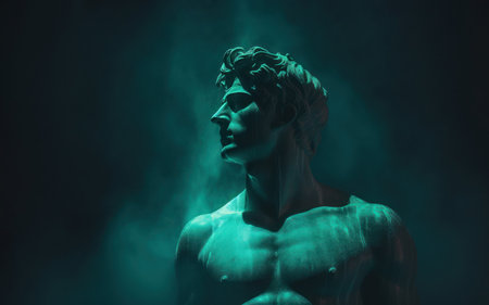 Ancient antique statue of male person in mystical neon glow haze, gloomy dark background, beautiful statue of young adult man in aura of beauty and mystery in timeless allureの素材