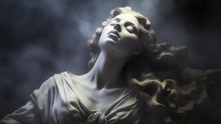 Ancient antique statue of female person in mystical haze on gloomy dark background, beautiful statue of young adult woman in aura of beauty and mystery in timeless allureの素材