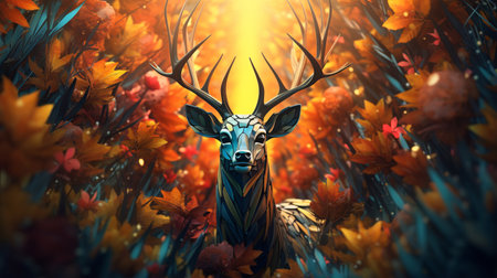 Graceful deer amidst vibrant autumn forest painted in shades of orange and golden hues, autumn symbol of changing seasons and the forest enduring spirit in serene ambiance of enchanting forestの素材