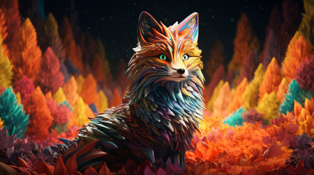 Cute whimsical fox full length portrait surrounded by colorful vibrant leaves of autumn forest, colorful adorable fox face as symbolic essence of autumn of the season with playful charm, autumn faunaの素材