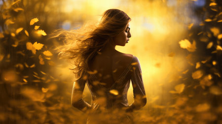 Attractive woman in radiant orange yellow dress amidst whirlwind of swirling autumn leaves, woman radiating elegance to symphony of fall vibrant colors creating vivid portrait of autumns essenceの素材
