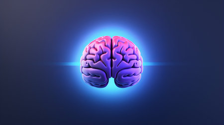 Human brain 3D model bathed in neon glow symbolizing intelligence and endless possibilities of learning and development, modern intricate nature of human cognitionの素材