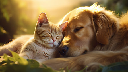 Endearing cat and cute dog lie side by side on sun drenched grass, basking in warmth and harmony of their companionship, heartwarming example of bonds between different creaturesの素材