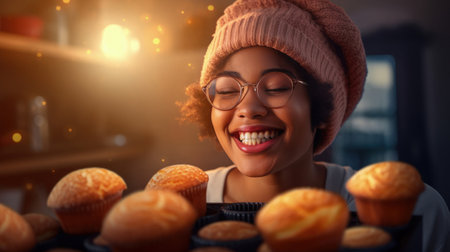 Cheerful black female baker portrait proudly displaying her scrumptious cakes, sunlight background, smiling baker is happy to treat you to her delicious culinary masterpieces, passion for cookingの素材