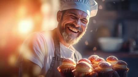 Cheerful male baker portrait proudly displaying his scrumptious cakes, sunlight background, smiling baker is happy to treat you to his delicious culinary masterpieces, passion for cookingの素材